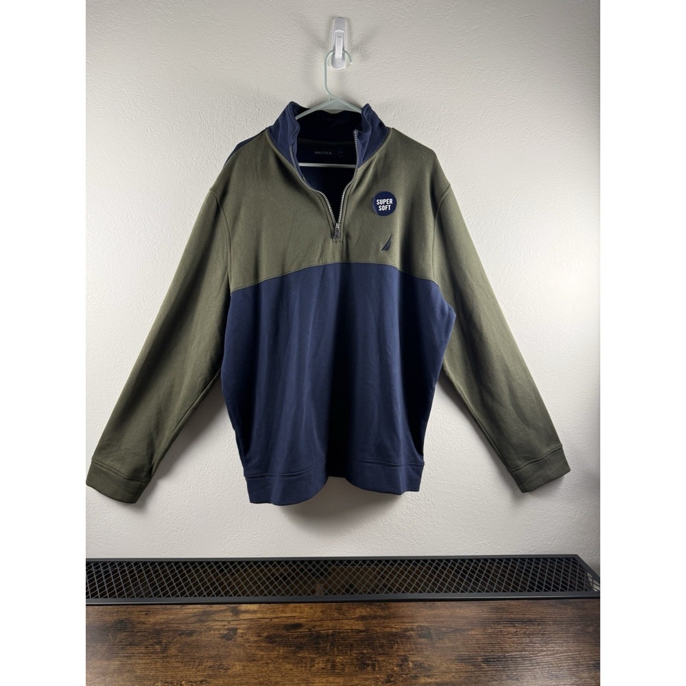 NWOT Nautica Mens XL 1/4 Zip Pullover‎ Navy Olive Colorblock Super Soft Fleece